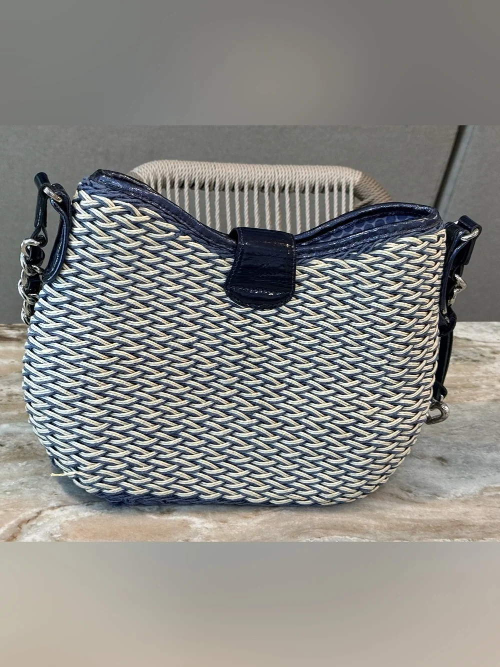Vintage BRIGHTON Jani navy and cream woven summer charm shoulder handbag